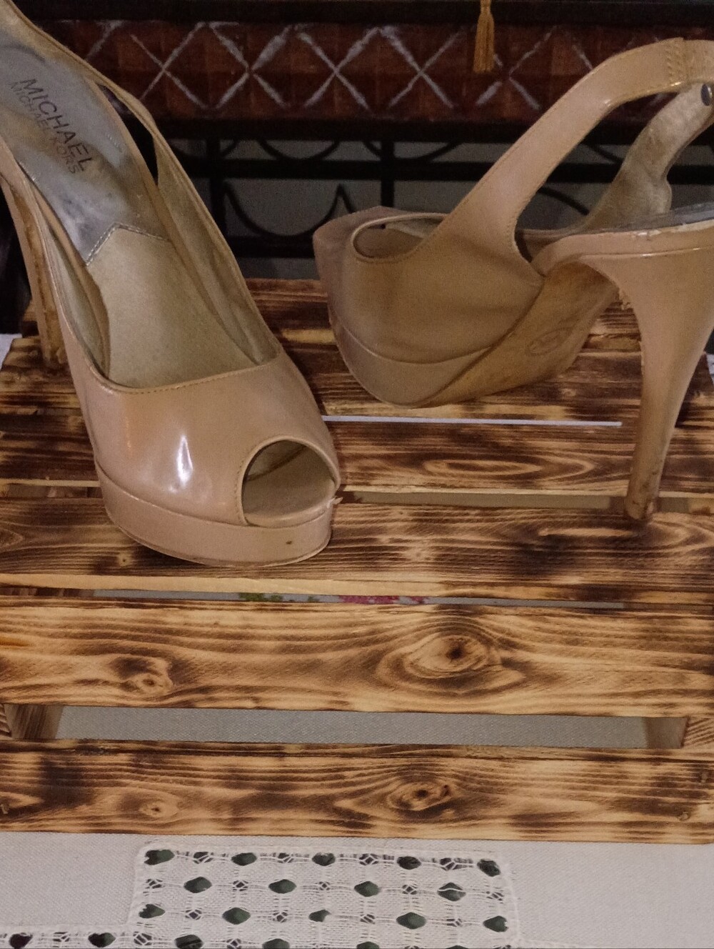 Michael Kors Collection Nude Patent Peep-Toe Platform Heels